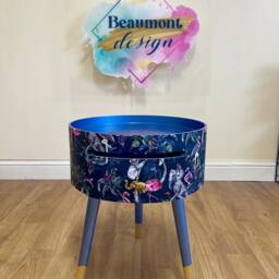 Tropical Bedside Table in Navy & Metallic Blue Flamingo Elephant Design. Wooden Side With Drawer. Ideal Nightstand For Bedroom - thumbnail 4