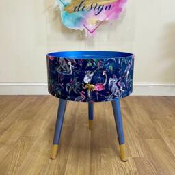 Tropical Bedside Table in Navy & Metallic Blue Flamingo Elephant Design. Wooden Side With Drawer. Ideal Nightstand For Bedroom