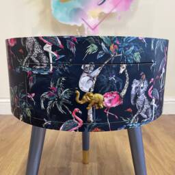 Tropical Bedside Table in Navy & Metallic Blue Flamingo Elephant Design. Wooden Side With Drawer. Ideal Nightstand For Bedroom - thumbnail 3