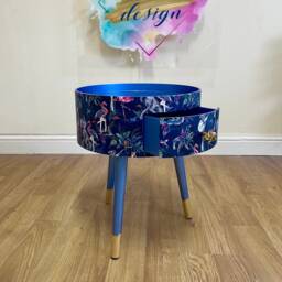 Tropical Bedside Table in Navy & Metallic Blue Flamingo Elephant Design. Wooden Side With Drawer. Ideal Nightstand For Bedroom - thumbnail 2