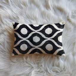 Black & White Ikat Velvet Pillow Handwoven Silk Cushion - thumbnail 2