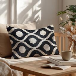 Black & White Ikat Velvet Pillow Handwoven Silk Cushion