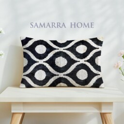 Black & White Ikat Velvet Pillow Handwoven Silk Cushion - thumbnail 3