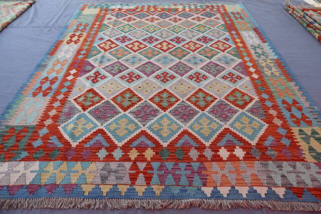 7x10 Afghan Kilim Rug, Large Handmade Veg Dyes Wool Flatweave Rug, Oriental Bedroom Orange Red Beige Green Blue, Rug - image 1