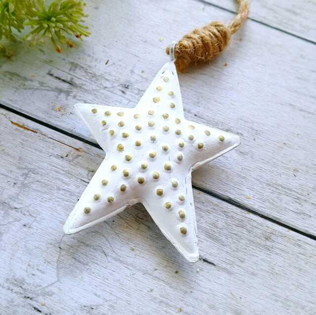 White Metal Hanging Star Decoration With Gold Dot Detail - The Home & Hearts Shop Rustic Wedding Gift Christmas - image 1