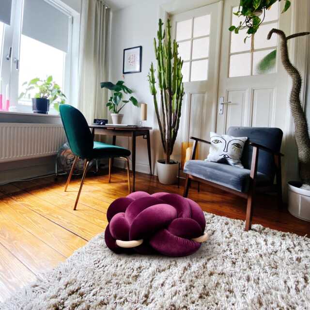 Purple Burgundy Velvet Knot Ottoman, Floor Cushion Pouf, Large Pillow, Extra Seating, Modern Statement Furniture - image 1