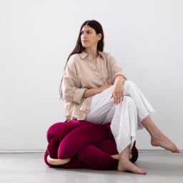 Purple Burgundy Velvet Knot Ottoman, Floor Cushion Pouf, Large Pillow, Extra Seating, Modern Statement Furniture - thumbnail 2