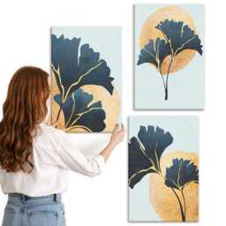 3 Piece Canvas Set - Aesthetic Ginkgo Leaves On A Light Background, Turquoise Wall Art Print, Plants & Flowers Decor - thumbnail 3