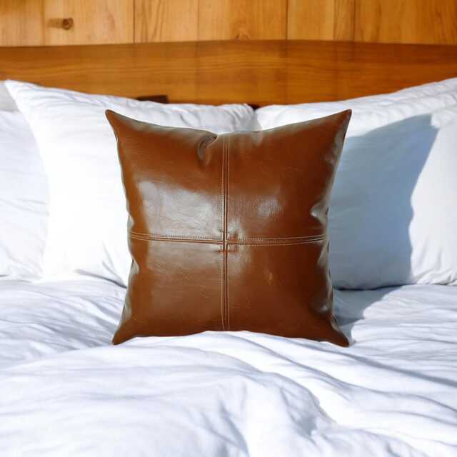 Chestnut Brown Vegan Leather Pillow Cover Decorative Stitch Lumbar - image 1