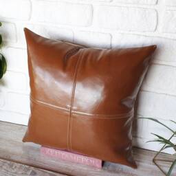 Chestnut Brown Vegan Leather Pillow Cover Decorative Stitch Lumbar - thumbnail 3