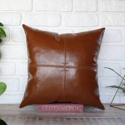 Chestnut Brown Vegan Leather Pillow Cover Decorative Stitch Lumbar - thumbnail 2