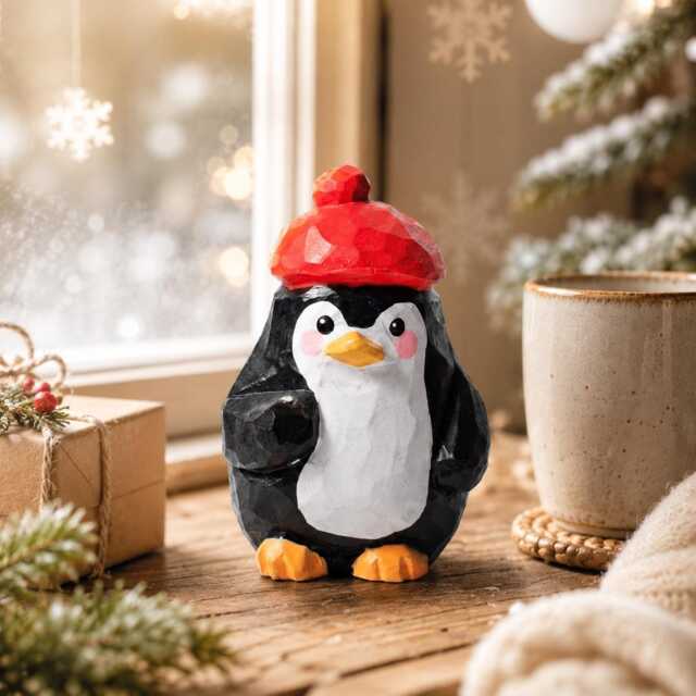Whimsical Wooden Penguin Figurine in Red Beret, Hand Carved Bird Statue, Cute Desk Decor, Winter Animal Art, Unique Gift For Lover - image 1