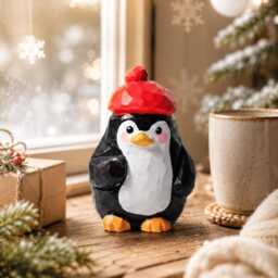 Whimsical Wooden Penguin Figurine in Red Beret, Hand Carved Bird Statue, Cute Desk Decor, Winter Animal Art, Unique Gift For Lover - thumbnail 1