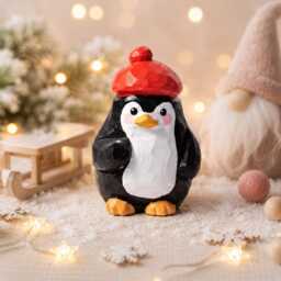 Whimsical Wooden Penguin Figurine in Red Beret, Hand Carved Bird Statue, Cute Desk Decor, Winter Animal Art, Unique Gift For Lover - thumbnail 4