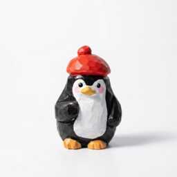 Whimsical Wooden Penguin Figurine in Red Beret, Hand Carved Bird Statue, Cute Desk Decor, Winter Animal Art, Unique Gift For Lover - thumbnail 2