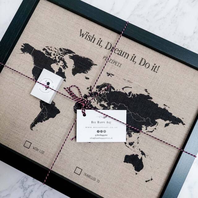 Couples Gift World Pushpin Map Travel Wedding Linen Anniversary For Husband Wife Framed Custom - image 1