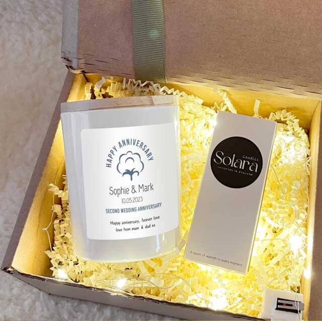 Personalised 2nd Cotton Anniversary Candle, Second Wedding Gift, Custom Names Date - image 1