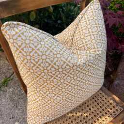 Ocher Geometric Outdoor Cushion Cover, Handmade Garden Pillow, Patio Bench Seat - thumbnail 2
