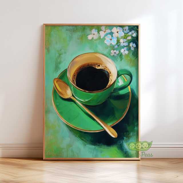Green Black Coffee Wall Art, Kitchen Decor, Modern Barista Poster, Cozy Cafe Print, Elegant Floral Lovers Gift - image 1