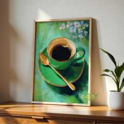 Green Black Coffee Wall Art, Kitchen Decor, Modern Barista Poster, Cozy Cafe Print, Elegant Floral Lovers Gift - thumbnail 3
