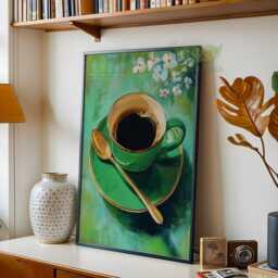 Green Black Coffee Wall Art, Kitchen Decor, Modern Barista Poster, Cozy Cafe Print, Elegant Floral Lovers Gift - thumbnail 2