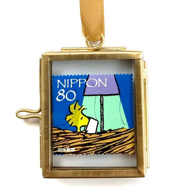 Woodstock Snoopy Gift. Genuine Japanese Postage Stamp in A Miniature Brass Frame. Peanuts Retro Character Wall Art. Best Friend Gift - image 1