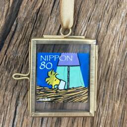 Woodstock Snoopy Gift. Genuine Japanese Postage Stamp in A Miniature Brass Frame. Peanuts Retro Character Wall Art. Best Friend Gift - thumbnail 2