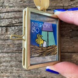 Woodstock Snoopy Gift. Genuine Japanese Postage Stamp in A Miniature Brass Frame. Peanuts Retro Character Wall Art. Best Friend Gift - thumbnail 3