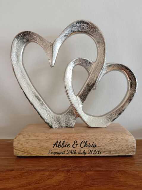 Personalised Double Intertwined Metal Hearts With Engraved Wood Base. Custom Ornament Gift - image 1