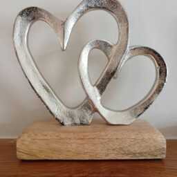 Personalised Double Intertwined Metal Hearts With Engraved Wood Base. Custom Ornament Gift - thumbnail 2