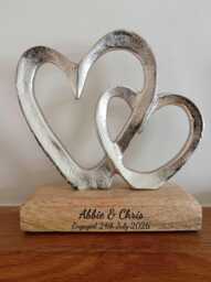 Personalised Double Intertwined Metal Hearts With Engraved Wood Base. Custom Ornament Gift - thumbnail 1