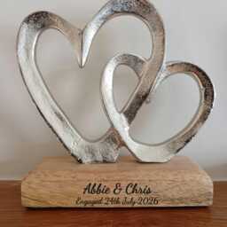Personalised Double Intertwined Metal Hearts With Engraved Wood Base. Custom Ornament Gift - thumbnail 3