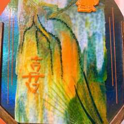"Fused Glass ""Good Fortune"" Sculpture With Chinese Characters, Wood Frame, 16""x20" - thumbnail 2