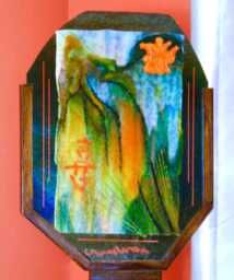 "Fused Glass ""Good Fortune"" Sculpture With Chinese Characters, Wood Frame, 16""x20"