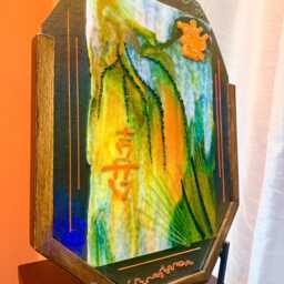 "Fused Glass ""Good Fortune"" Sculpture With Chinese Characters, Wood Frame, 16""x20" - thumbnail 3