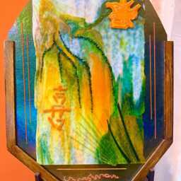 "Fused Glass ""Good Fortune"" Sculpture With Chinese Characters, Wood Frame, 16""x20" - thumbnail 4