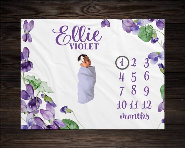 Violet Flower Milestone Blanket, Baby Month Girl Blanket Track Growth Keepsake Shower Gift Roses Floral - image 1
