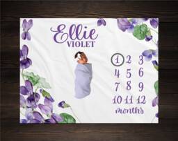 Violet Flower Milestone Blanket, Baby Month Girl Blanket Track Growth Keepsake Shower Gift Roses Floral - thumbnail 1