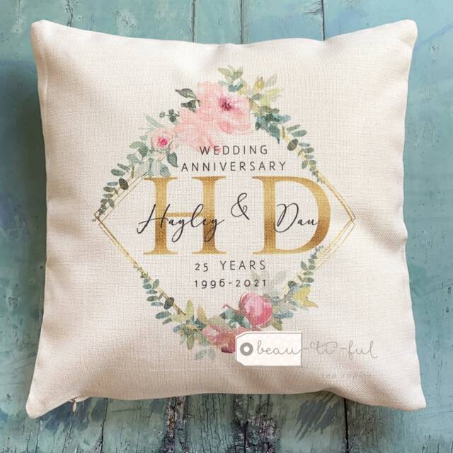 Personalised Mr Mrs Wedding Anniversary 25 50 1St .. Pink Floral Geometric Greenery Design Linen Style Cushion Decor Cover