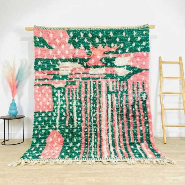 Moroccan Pink & Green Berber Rug, Handwoven Wool Shag Rug With Abstract Lines & Star Motifs, Authentic Beni Ourain Carpet, Large Area - image 1