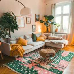 Moroccan Pink & Green Berber Rug, Handwoven Wool Shag Rug With Abstract Lines & Star Motifs, Authentic Beni Ourain Carpet, Large Area - thumbnail 4