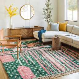 Moroccan Pink & Green Berber Rug, Handwoven Wool Shag Rug With Abstract Lines & Star Motifs, Authentic Beni Ourain Carpet, Large Area - thumbnail 2