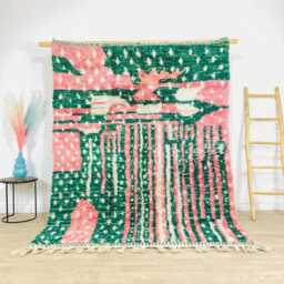 Moroccan Pink & Green Berber Rug, Handwoven Wool Shag Rug With Abstract Lines & Star Motifs, Authentic Beni Ourain Carpet, Large Area - thumbnail 1