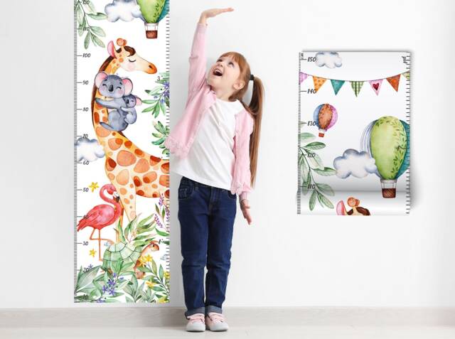 Watercolor Safari Animal Height Sticker - Kids Jungle Cute Animals With Hot Air Balloons Wall Decal Nursery Chart Decals - image 1