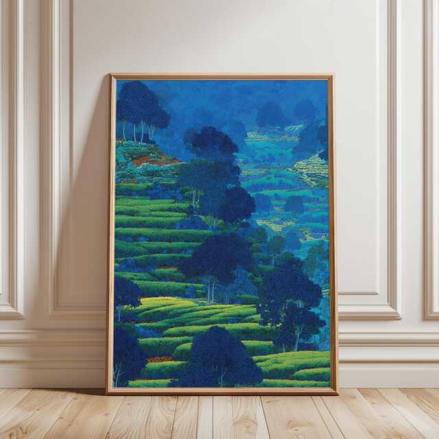 Japanese Tea Plantation Poster Blue Landscape Wall Art Nature Illustration Minimal Zen Interior Decor Living Room - image 1