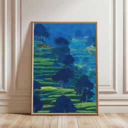 Japanese Tea Plantation Poster Blue Landscape Wall Art Nature Illustration Minimal Zen Interior Decor Living Room - thumbnail 1