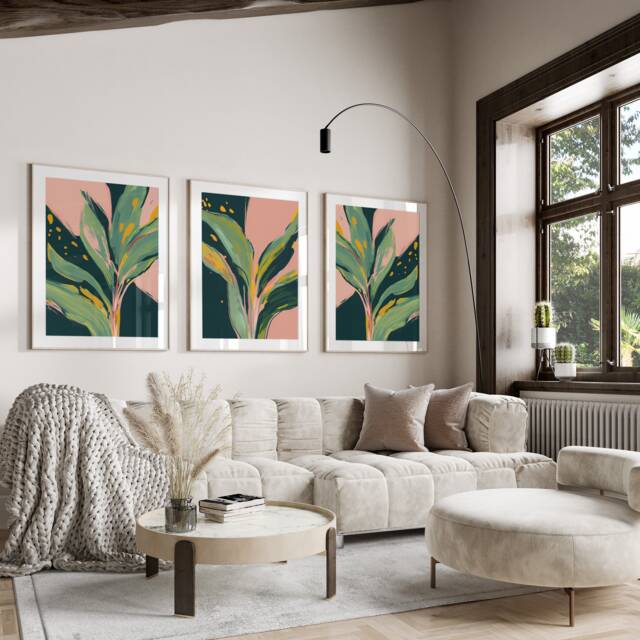 Pink Wall Prints, Botanical Bedroom Bright Poster, Home Decor, Hand Drawn Plants, Set Of 3 Prints A2 A1 - image 1
