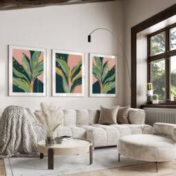 Pink Wall Prints, Botanical Bedroom Bright Poster, Home Decor, Hand Drawn Plants, Set Of 3 Prints A2 A1 - thumbnail 1