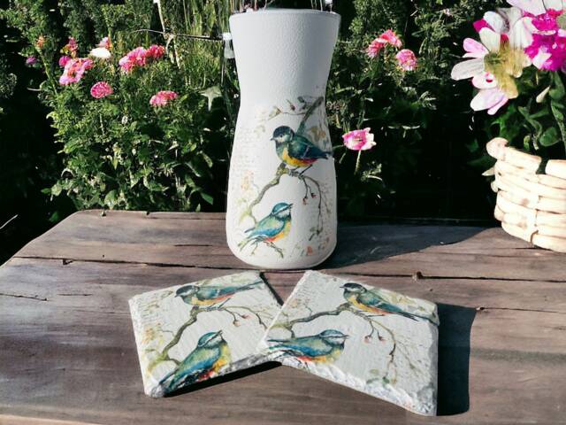 Pretty Bird Vase & Coaster Set, Vintage Style Vase, Coasters, Gifts, Lovers - image 1