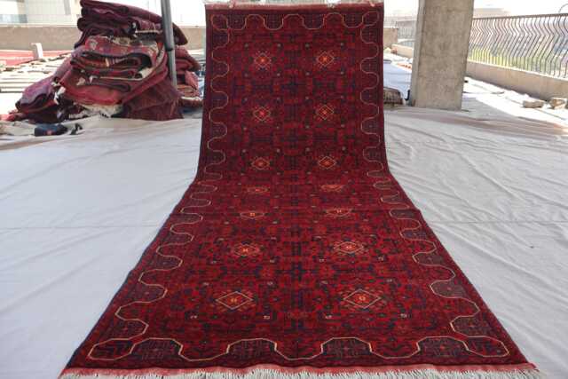 4x10 Runner Rug, 3'9x9'6 Ft Red Afghan Hand Knotted Wool Khal Muhammadi Bukhara Oriental Turkmen Entryway Carpet - image 1